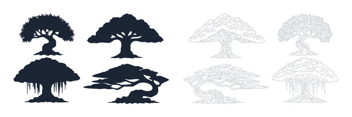 Obraz premium Traditional japanese bonsai tree silhouette pack miniature zen garden botanical vector graphic collection for peaceful oriental culture organic environment
