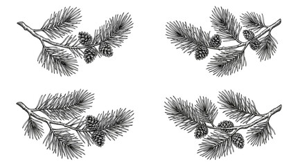 Hand Drawn Black and White Botanical Illustrations of Pine Branches with Cones on White Background © Rishi
