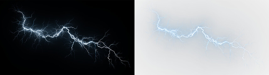 Blue and white lightning bolt striking from dark clouds during a thunderstorm in an open field at twilight near a forest, light overlay, PNG © Liubov