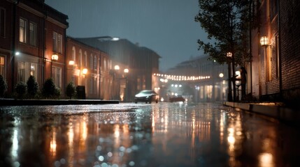Fototapeta premium Rainy Night in the City: The city streets glisten under the soft glow of streetlights and building illumination as a gentle rain falls, creating beautiful reflections on the wet pavement.