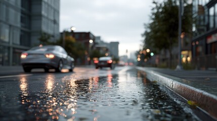 Obraz premium Rainy City Street: Cars drive down a wet city street on a gloomy day, with reflections of streetlights shimmering on the wet asphalt, creating a moody and atmospheric scene.
