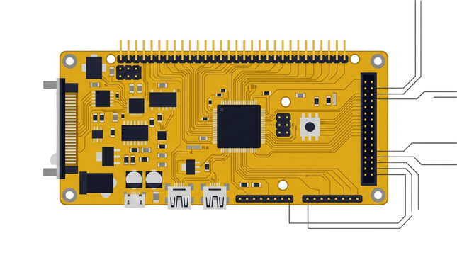 Top View of a Modern Yellow Electronic Circuit Board for Computing and Embedded Systems Development