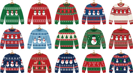 Ugly Christmas Sweater Vector Icon Set with Festive Holiday Patterns Snowmen Santa Reindeer Candy Canes and Christmas Trees on Wooden Hangers © SUMON
