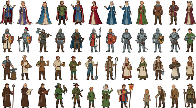  Flat medieval historical figures and kingdom characters collection 