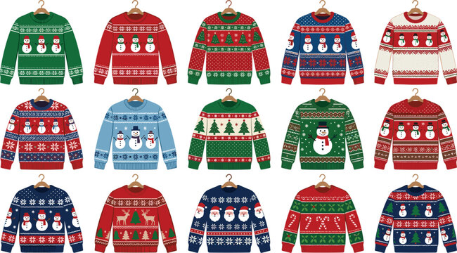 Ugly Christmas Sweater Vector Icon Set with Festive Holiday Patterns Snowmen Santa Reindeer Candy Canes and Christmas Trees on Wooden Hangers