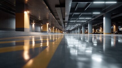 Obraz premium Empty Underground Parking Garage: A vast, well-lit underground parking garage stretches into the distance.