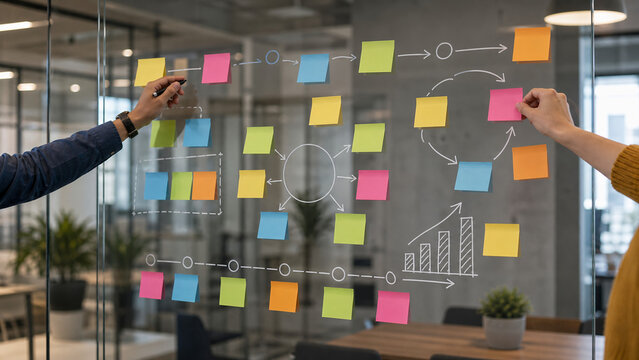 Startup Product Roadmap Planning On A Glass Wall