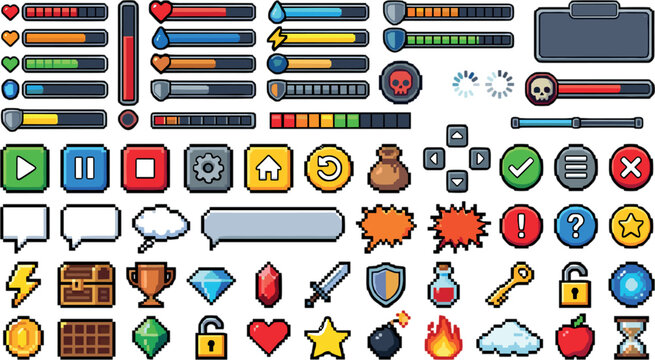 Pixel Art Video Game UI Element Set with Health Bars Menu Buttons Loading Indicators and RPG Asset VectorsPixel Art Video Game UI Element Set with Health Bars Menu Buttons Loading Indicators and RPG A
