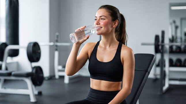 Prioritizing wellness active woman replenishes with water after intense gym workout