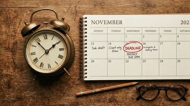 Vintage alarm clock and calendar on wooden desk