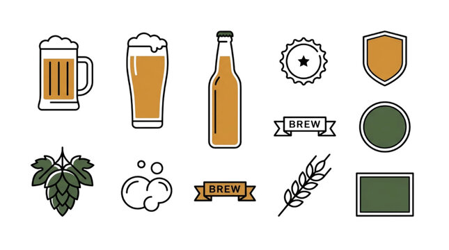 Collection of flat vector icons featuring craft brewery elements including beer glasses bottles hops wheat and rustic emblem designs