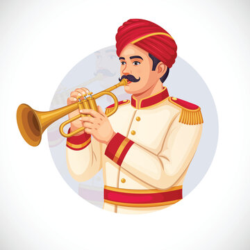 Vector design of a music master performing in a Baraat at an Indian wedding ceremony. Indian Marriage Baraat, Music band master icon