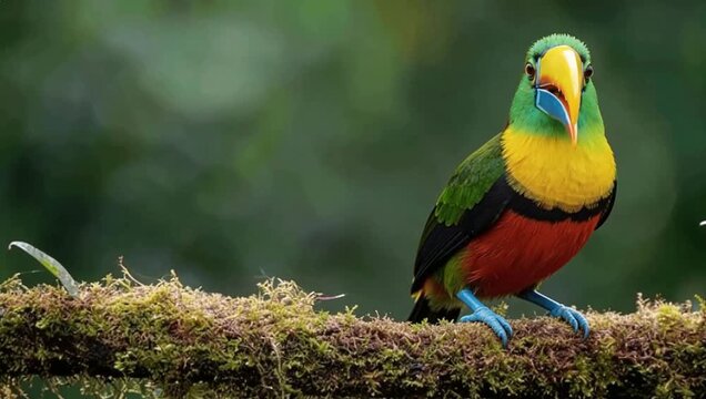 Colorful Tropical Bird on Mossy Forest Branch