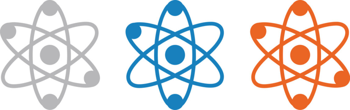 Atom icons set, modern vector science icons representing atomic structure molecules physics and chemistry education themes.