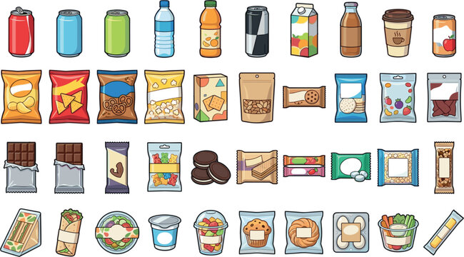 Vending Machine Snack and Beverage Packaging Set with Soda Cans Potato Chips Chocolate Bars and Healthy Fast Food VectorsVending Machine Snack and Beverage Packaging Set with Soda Cans Potato Chips Ch