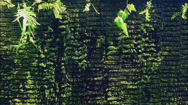 Close up of water drops trickling on green moss and fern plants under sunshine.

