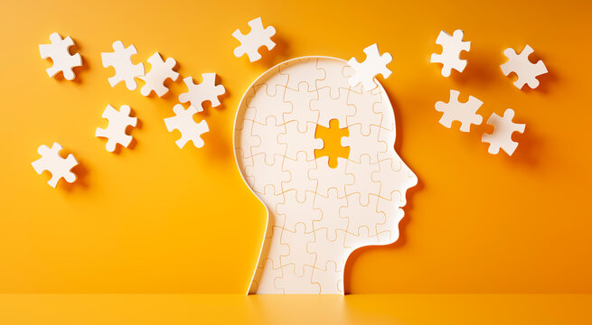 Conceptual artwork showing a 3D silhouette of a head surrounded by group of puzzle pieces, symbolizing mental input, activity, intelligence, or creativity - 3D illustration on yellow background