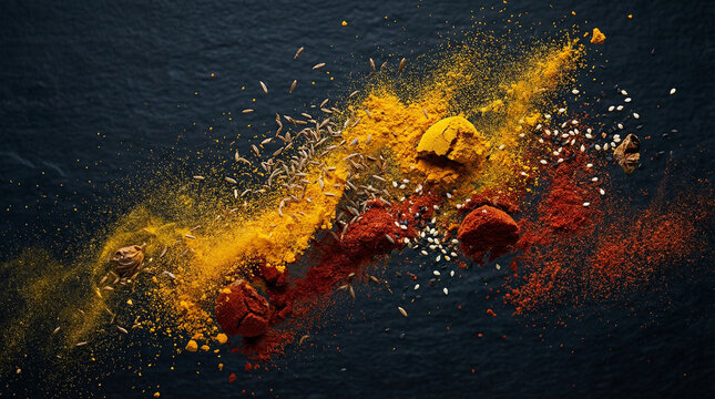Scattered Spices and Seeds Explosion on Black. Dynamic arrangement of turmeric paprika cumin and sesame seeds mid-air against dark surface