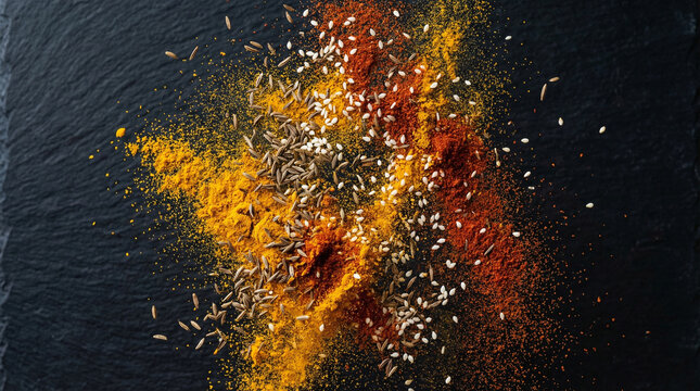 Scattered Spices and Seeds Explosion on Black. Dynamic arrangement of turmeric paprika cumin and sesame seeds mid-air against dark surface