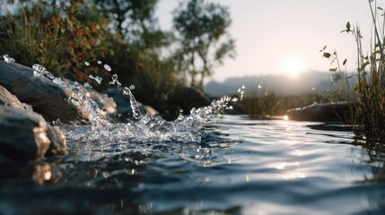 Fototapeta premium Flowing Serenity: Crystal clear water cascades over smooth stones in a serene natural stream, reflecting the soft glow of the rising sun amidst lush vegetation.