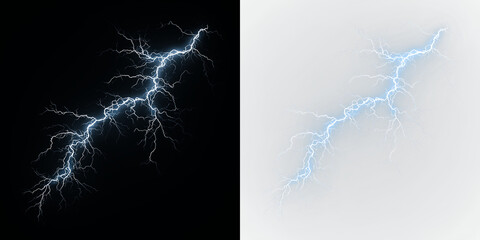 Blue and white bright lightning bolt striking against isolated on transparent and black background during a stormy weather event, light overlay, PNG © Liubov