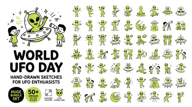 Set of 50+ Green Alien UFO Day Hand-Drawn Vector Icons