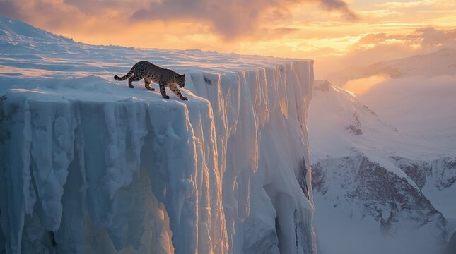 A majestic snow leopard carefully walking along enormous wind-sculpted snow cornices