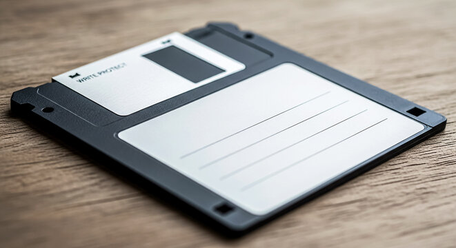 Vintage 3.5-inch floppy disk on wooden surface, close-up view