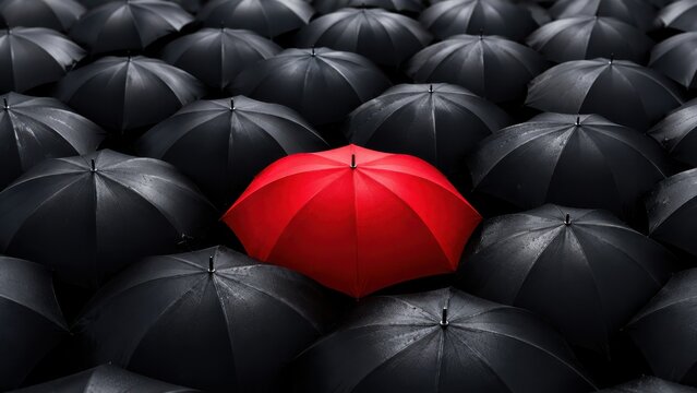 Vibrant red umbrella boldly stands out from crowd of black umbrellas