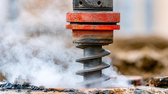 Industrial drilling equipment with a close-up view of the auger bit, engaged in heavy-duty work amidst a rising cloud of steam or dust from the ground