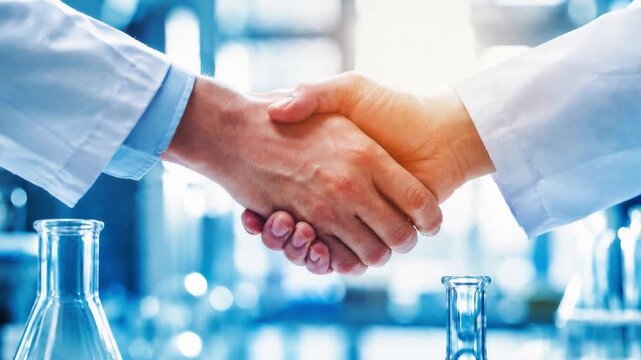 Two scientists shaking hands in a laboratory setting.
