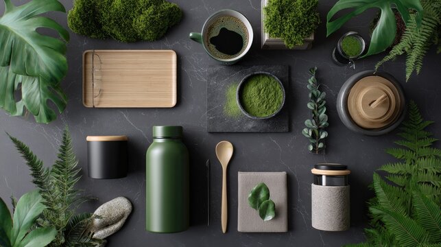 Green Vitality Collection: A stylish assortment of organic green wellness products, including spirulina powder, matcha, and various supplements, surrounded by lush, vibrant green foliage.