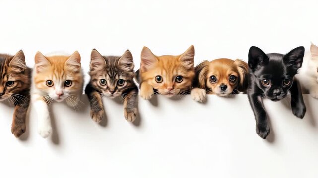 A row of kittens and puppies are peering over a white surface, showcasing their adorable faces and paws. The image is bright and cheerful, with a white background for enhanced appeal.