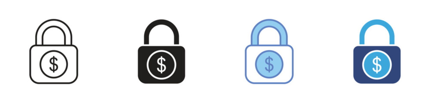Fixed income icons set, Lock dollar money symbols, Secure investment icons, Financial security signs, Dollar padlock vector icons