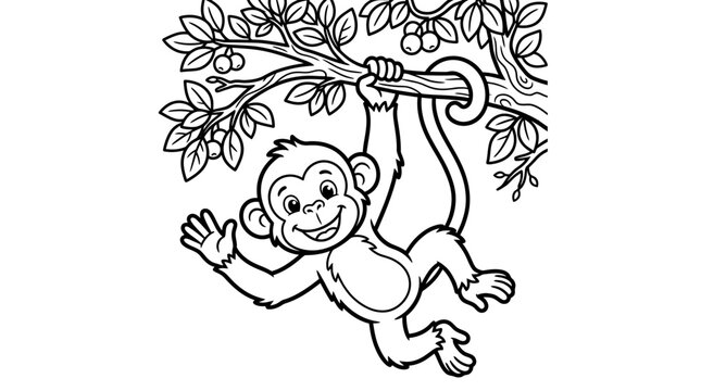 A smiling monkey hangs from a tree branch with leaves.