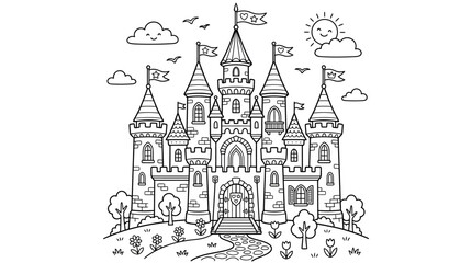 Naklejka premium A majestic castle surrounded by trees and flowers under a sunny sky with clouds and birds flying overhead.