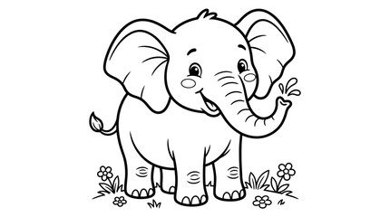 A cute elephant illustration stands in a field with flowers and plants. © firman