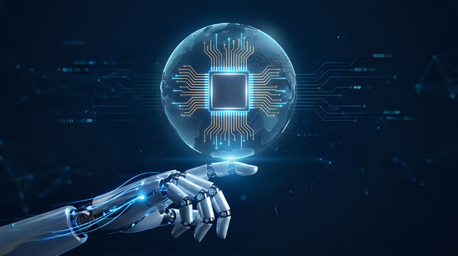 Robotic hand touching glowing digital microchip processor sphere abstract technology concept with microchip, hardware