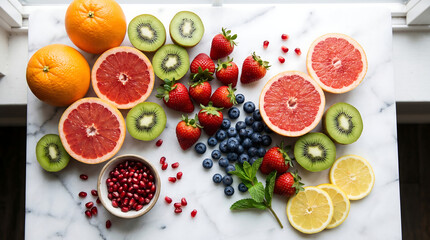 Naklejka premium Assortment of Colorful Fresh Fruits for Immune Health on Marble