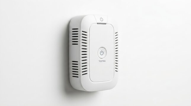 Modern white air quality sensor device featuring a power button mounted flat on white background