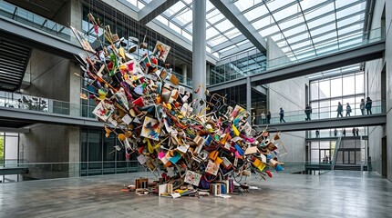 Obraz premium Abstract sculpture of books and papers hanging indoors, modern architecture atrium