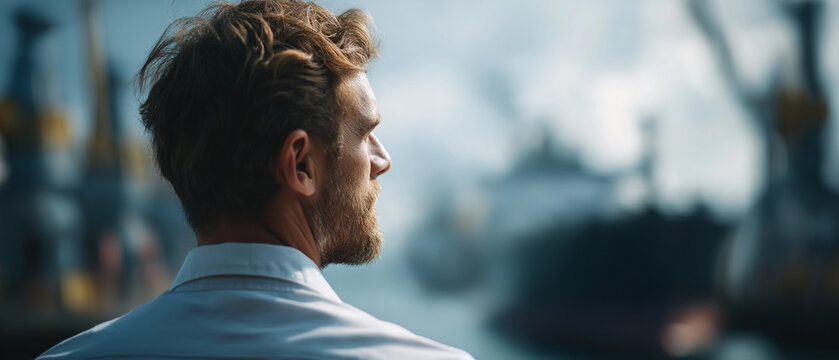 Contemplative Voyage: A man with a beard gazes thoughtfully out at a busy harbor filled with ships, the scene imbued with a sense of anticipation and journey.