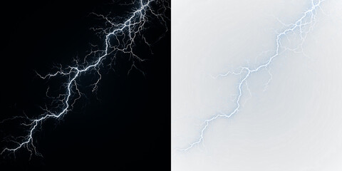 Blue and white lighting bolt on a clear background striking down, showing electric energy and natural power during a storm in nature, light overlay, PNG © Liubov