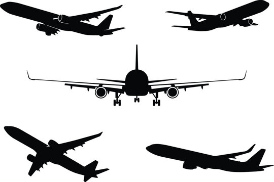 Airplane Silhouette Vector Set with Commercial Jet Airliners from Different Angles for Aviation Travel Tourism and Transportation Design Projects