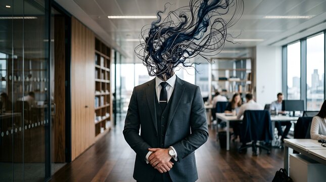 Businessman with exploding dark thoughts in modern office, creative burnout concept