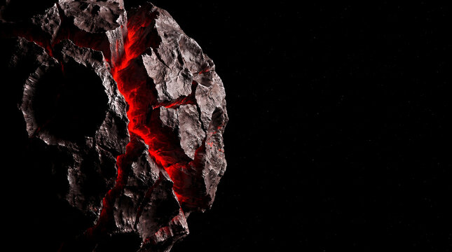 Asteroid with glowing red cracks floating in empty space. Massive celestial rock debris in orbit. Deep cosmos landscape with rocky planetoid fragment for science fiction background.