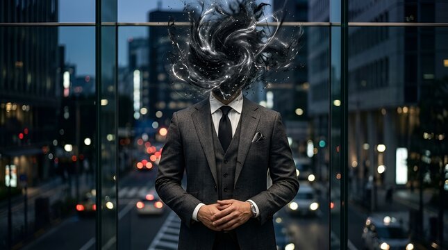 Businessman with exploding abstract head, city lights bokeh background