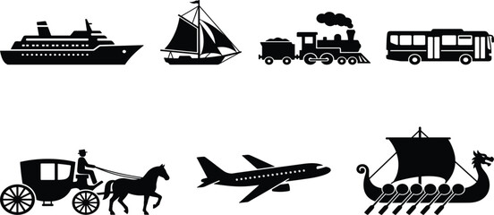 Obraz premium Transportation and Travel Vector Icon Set Featuring Ship, Sailboat, Steam Train, Bus, Horse Carriage, Airplane, and Viking Dragon Longship Silhouettes for Design Projects