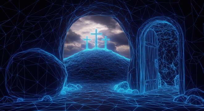 Pixel art scene of an empty tomb with three crosses on a hill at night illustration