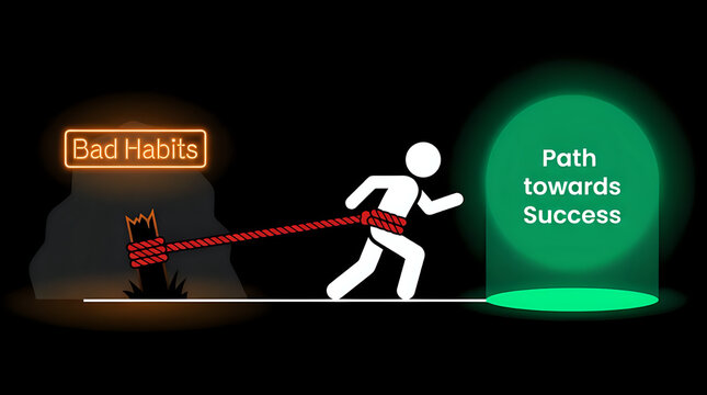 Stick figure breaking free from bad habits moving towards path of success with self improvement breaking motivation